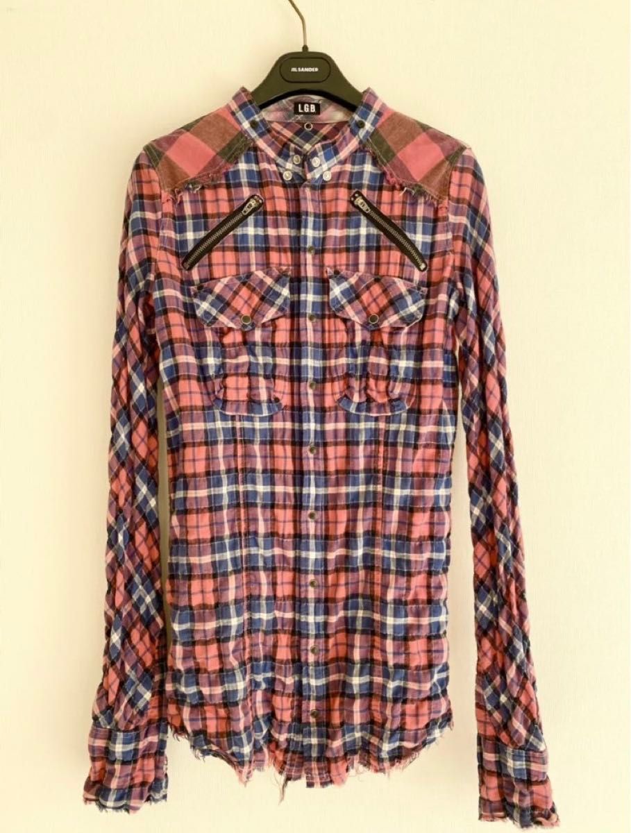 美品 LGB ルグランブルー ダメージ チェックシャツ 0 レディース 2way