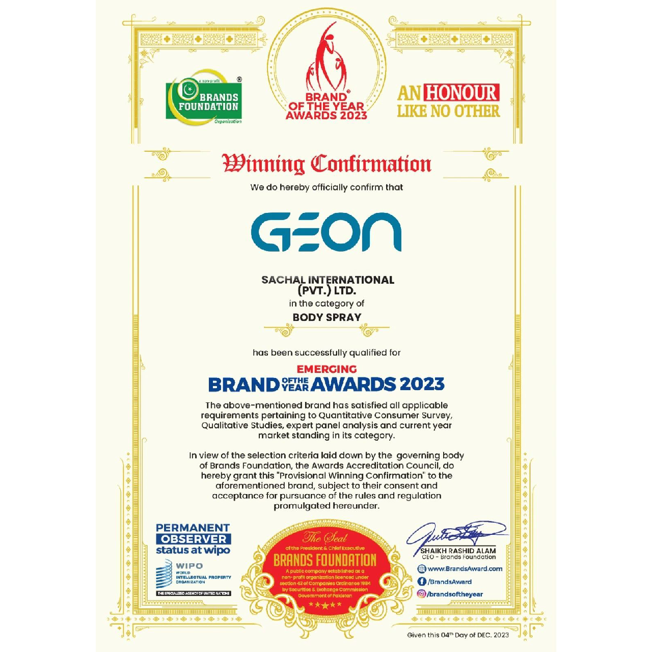 Brand of the Year Award 2023 - Body Spray Category